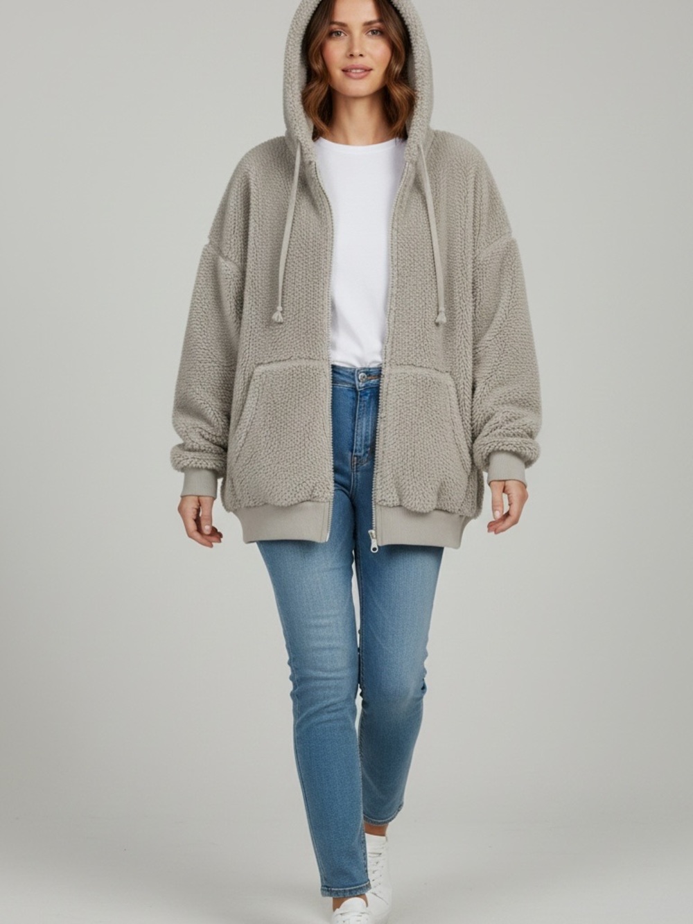 Aeropostale Oversized Hooded Sherpa Zip Jacket in Light Gray small